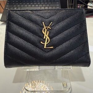 Yves Saint Laurent Black Chevron Wallet with Gold Emblem